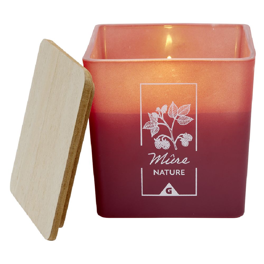 Candle in a square jar with a wooden lid, blackberry scent