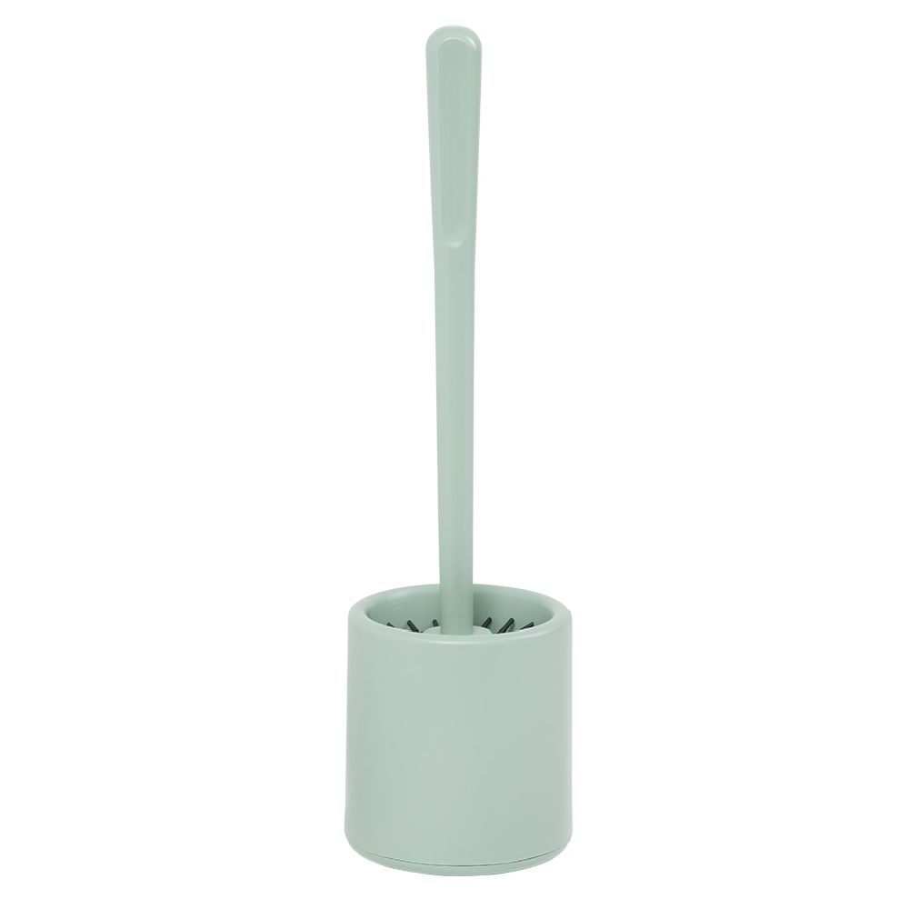Round silicone toilet brush with green plastic holder
