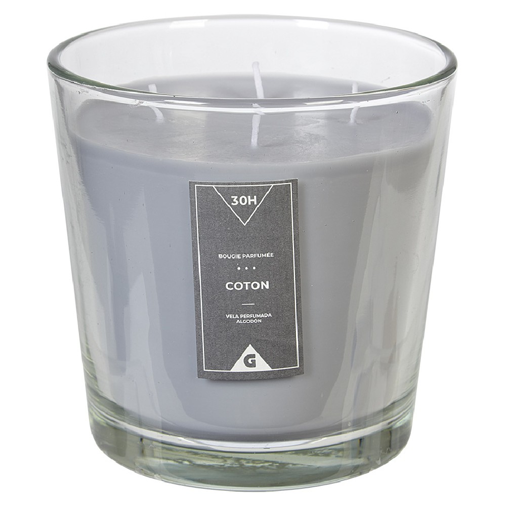 4-wick candle with gray cotton scent in transparent glass