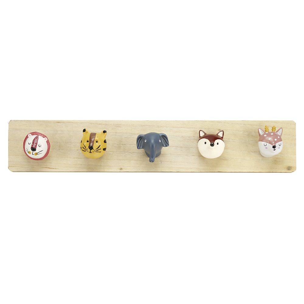 Children's wooden coat rack with 5 animal head hooks 55x7xH10cm