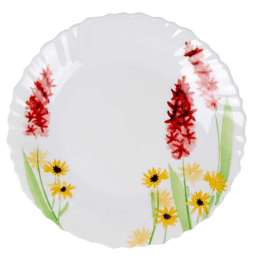 Fantine round white dessert plate with pink flower