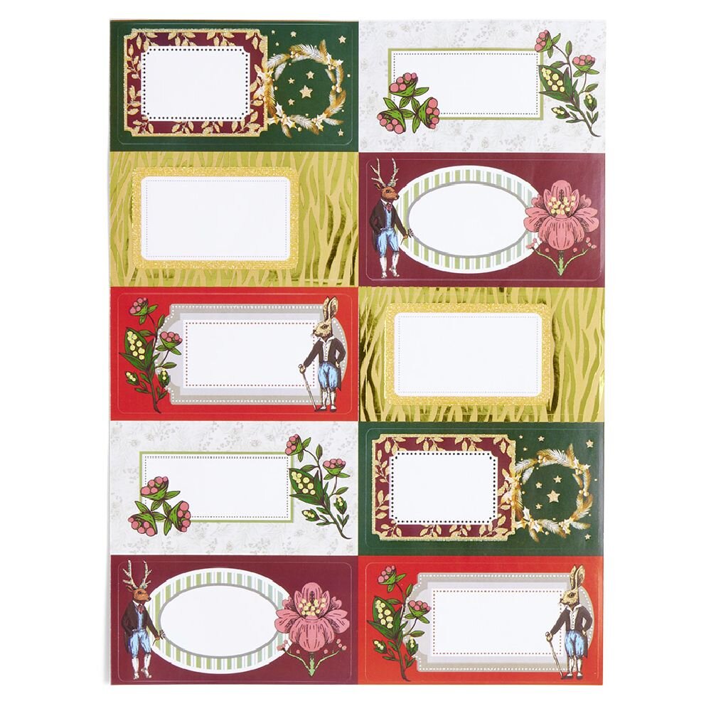 Christmas vintage flowers rabbit self-adhesive gift tag 4x8cm x10