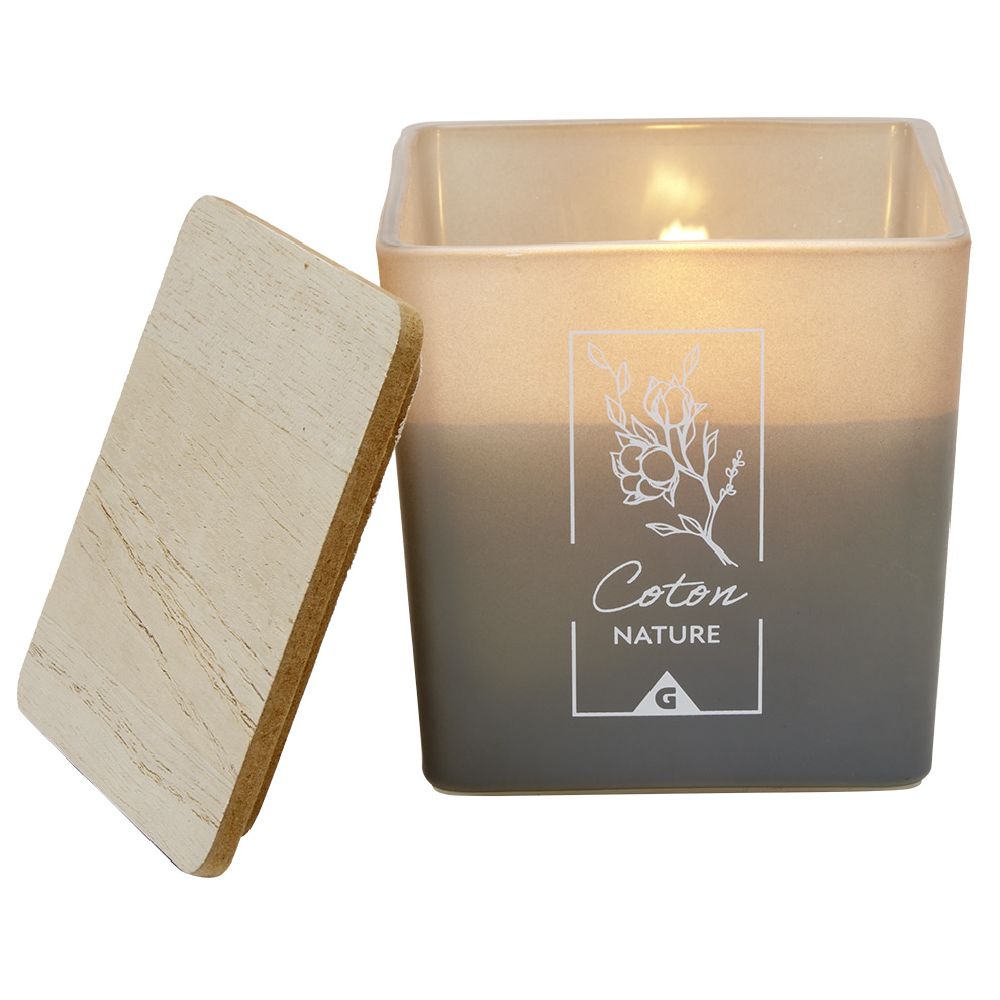 Candle in a square jar with a wooden lid, cotton scent