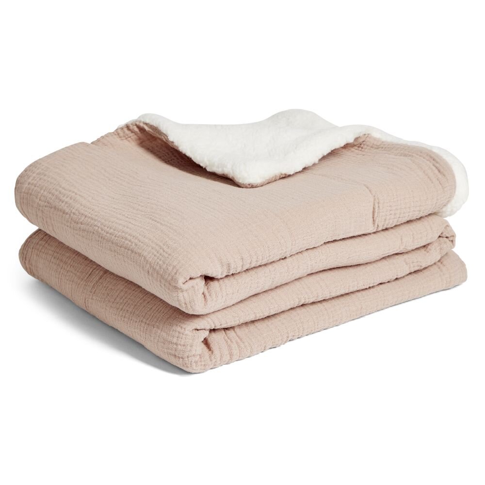 Cotton gauze and sherpa blanket 130x160cm pink