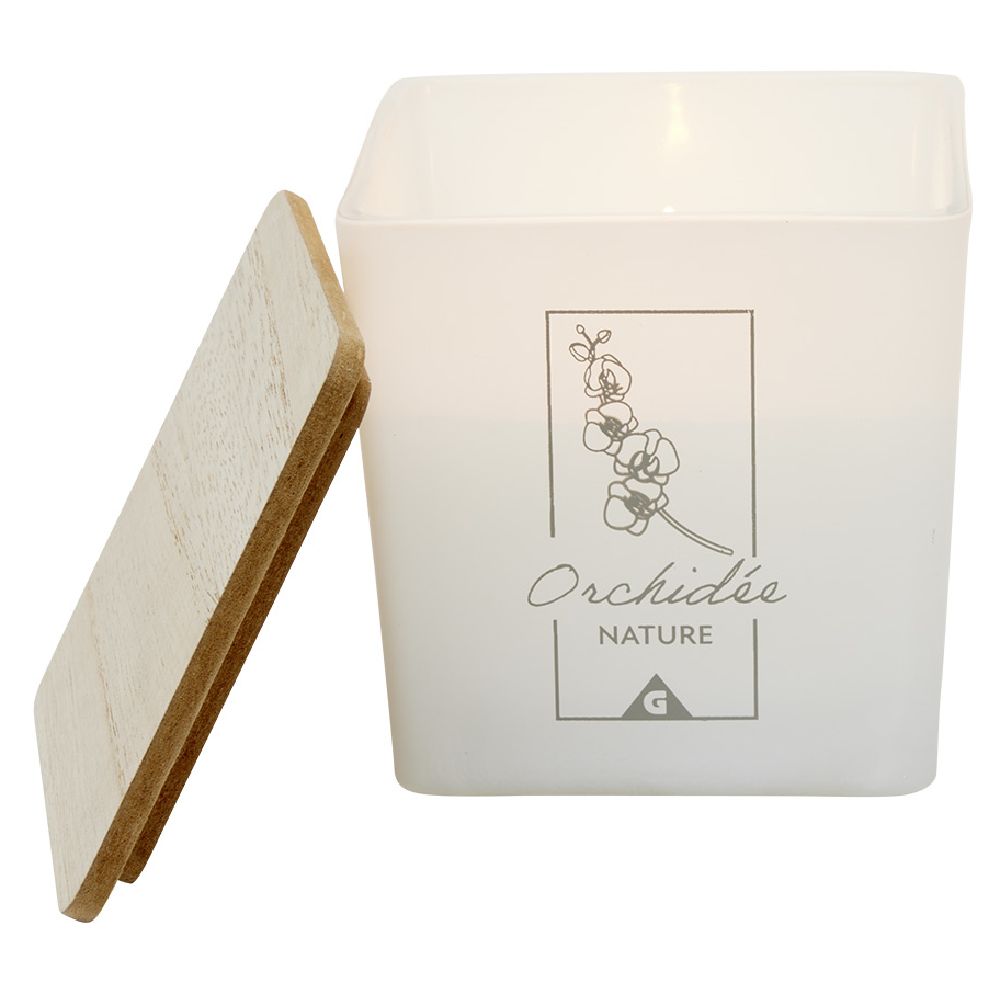Candle in a square jar with a wooden lid, orchid scent