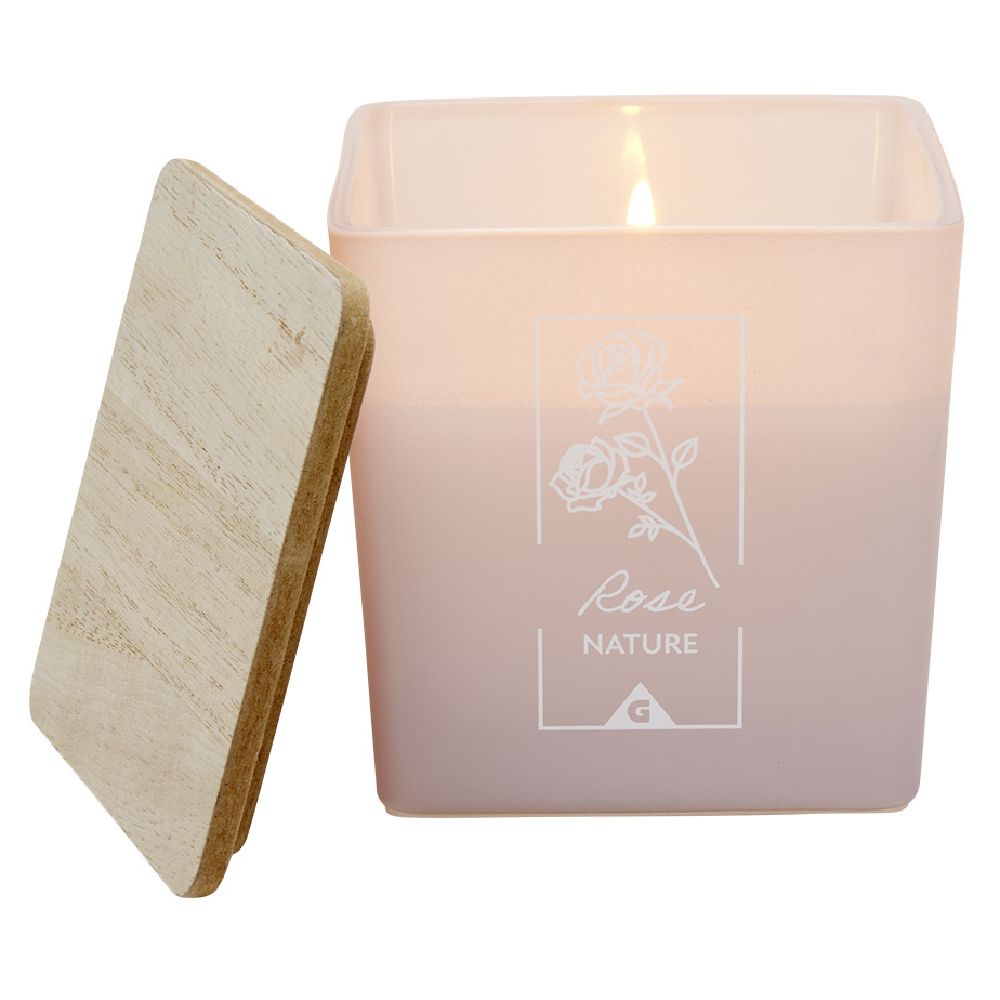 Candle in a square jar with a wooden lid, rose scent