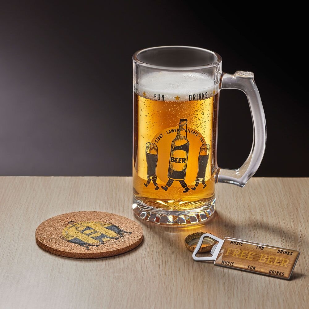 3-piece beer set with glass, bottle opener and coaster - 2 models