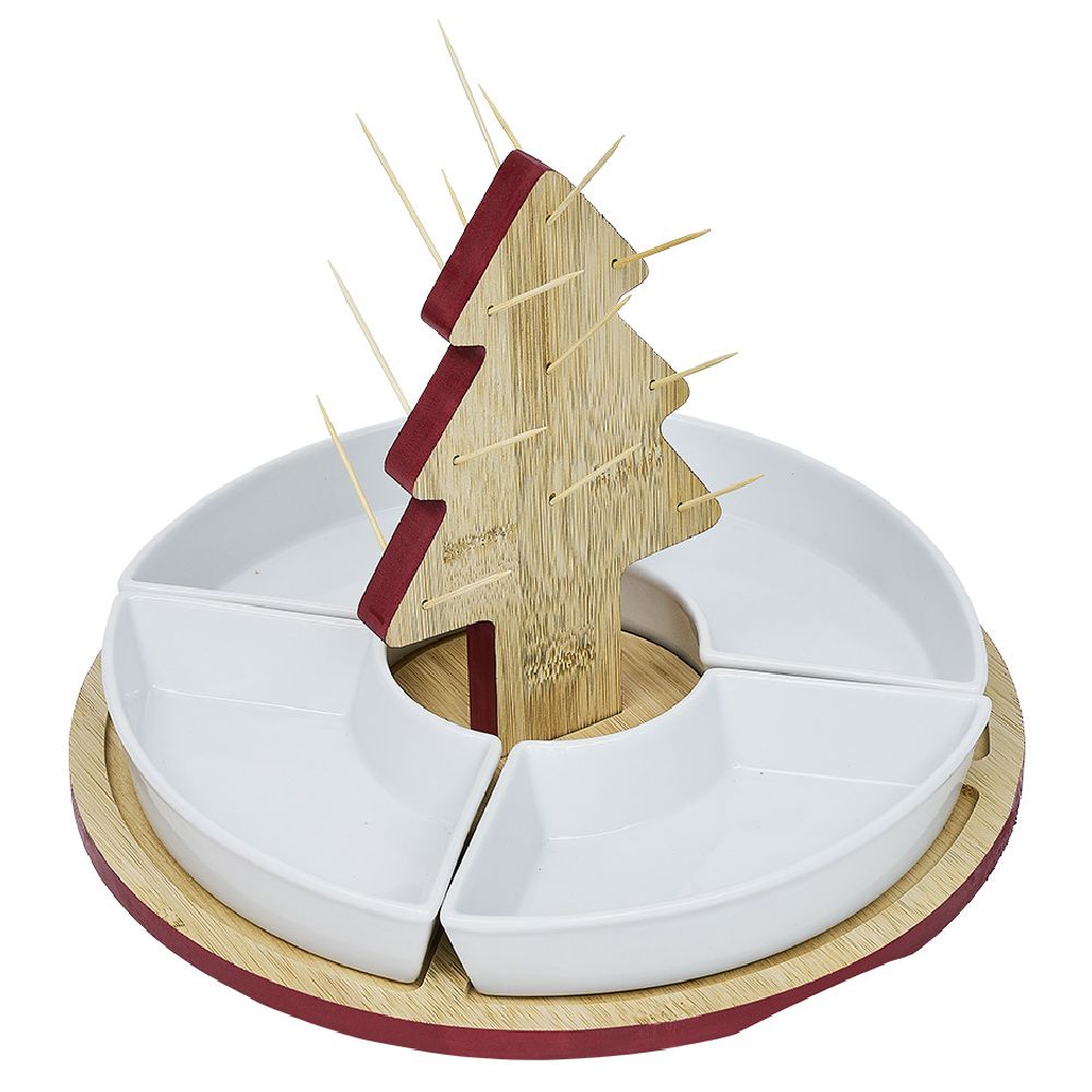 Appetizer set with bamboo tray, Christmas tree and bowl x4