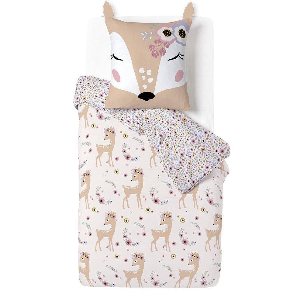 Children's single bed set 140x200cm reversible pink floral pattern