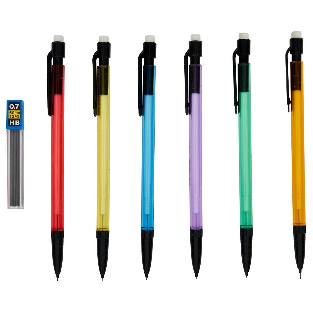 Pack of 6 HB 0.7mm lead holders with 12 refills