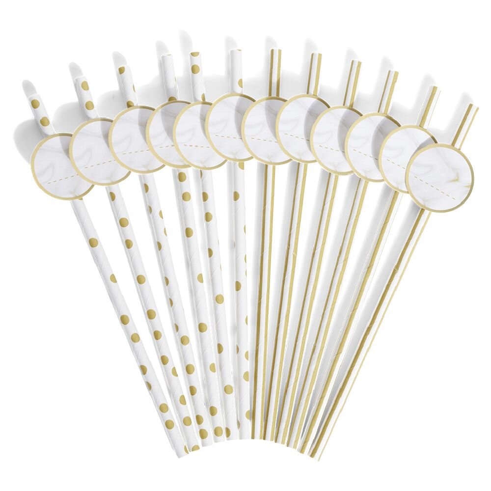 Customizable straw with white and gold label x12