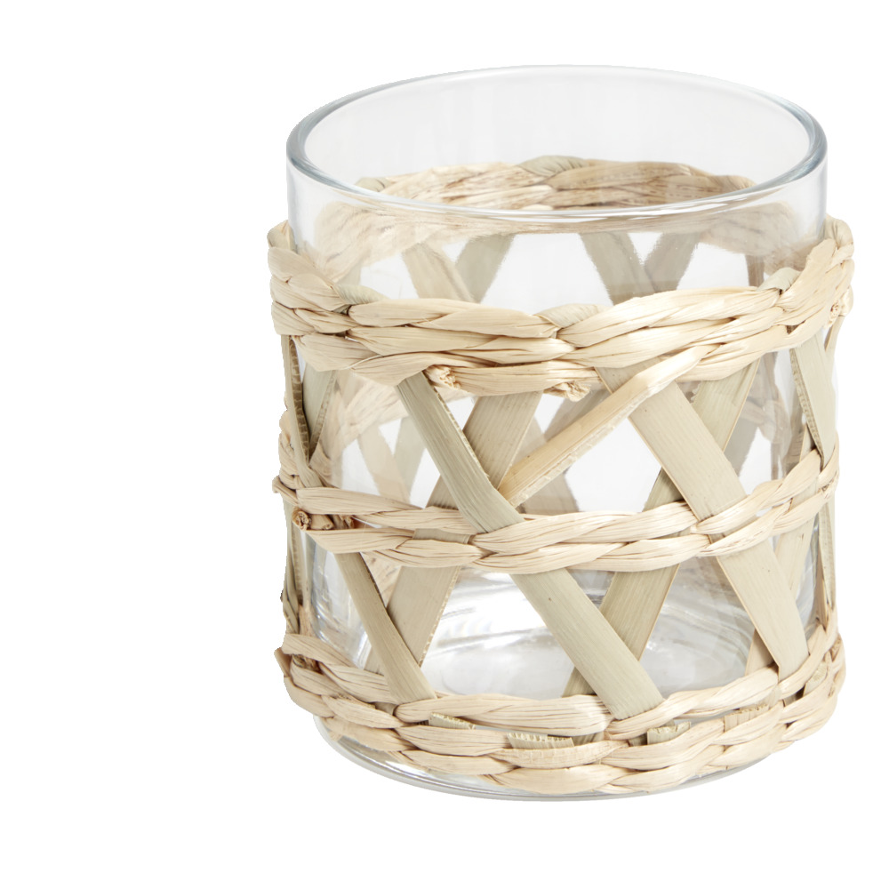 Low transparent glass with raffia Ø8xH9cm
