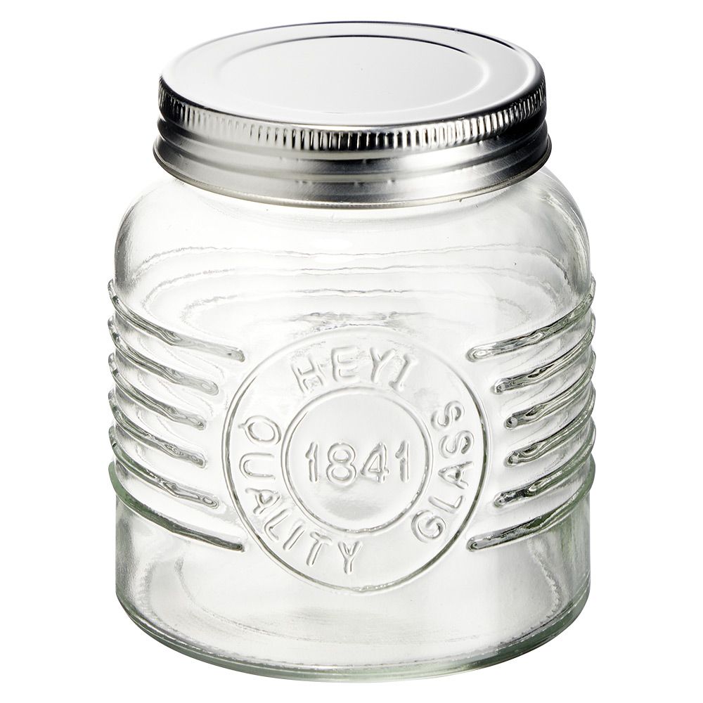 Transparent round airtight jar with metal lid H10 cm