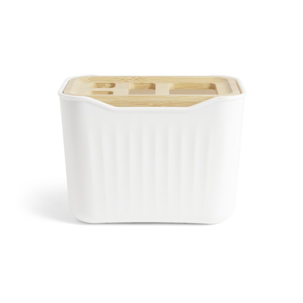 White plastic toothbrush holder with 4-hole bamboo lid