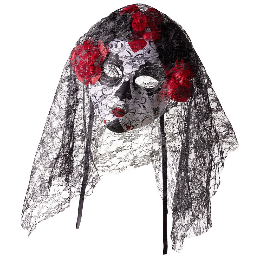 Adult skeleton mask day of the dead calavera red and black flower