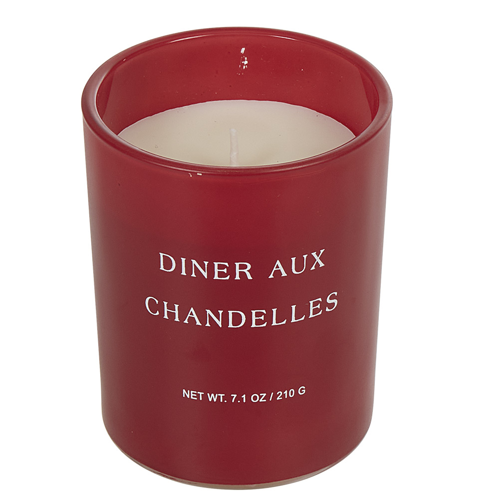 Candle in glass with the inscription Candlelight Dinner with red fruit scent