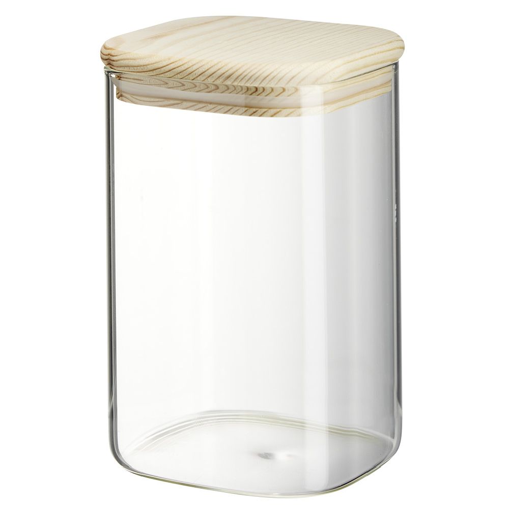 1L transparent square jar with wooden lid