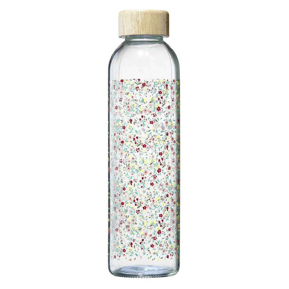 730 ml glass bottle with multi-colored floral pattern