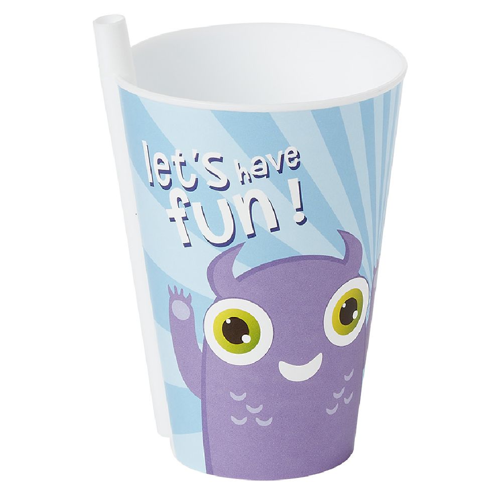 Blue cup with integrated straw and purple monster pattern Ø9xH13.5cm