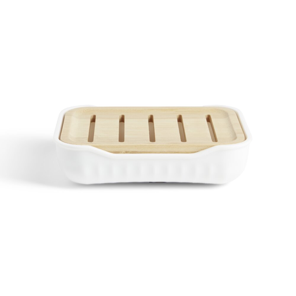 Bamboo and white plastic bathroom soap dish