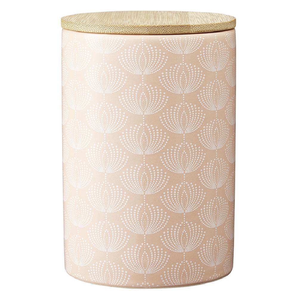 Ceramic pot with rose pattern and wooden lid H14 cm