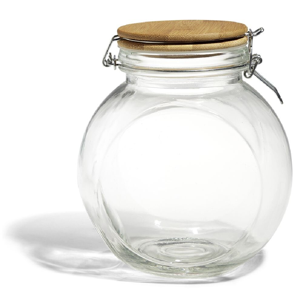 1.6L transparent glass jar with bamboo lid and iron clip