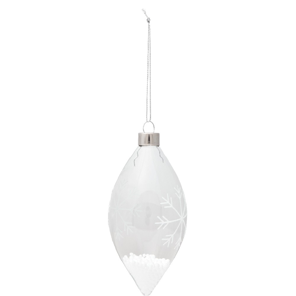 Clear glass Christmas ball with drop shape and white snowflake pattern