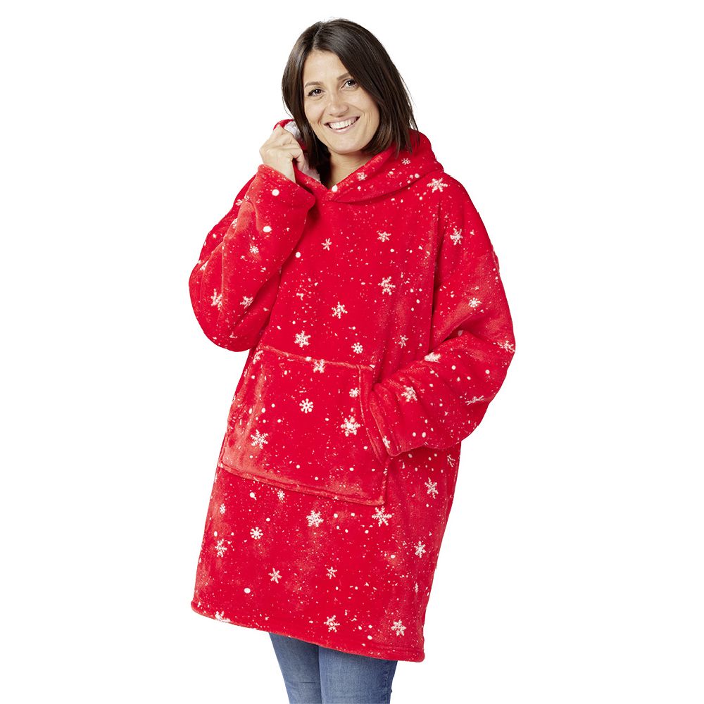 Adult Christmas red plaid sweater with white snowflake pattern