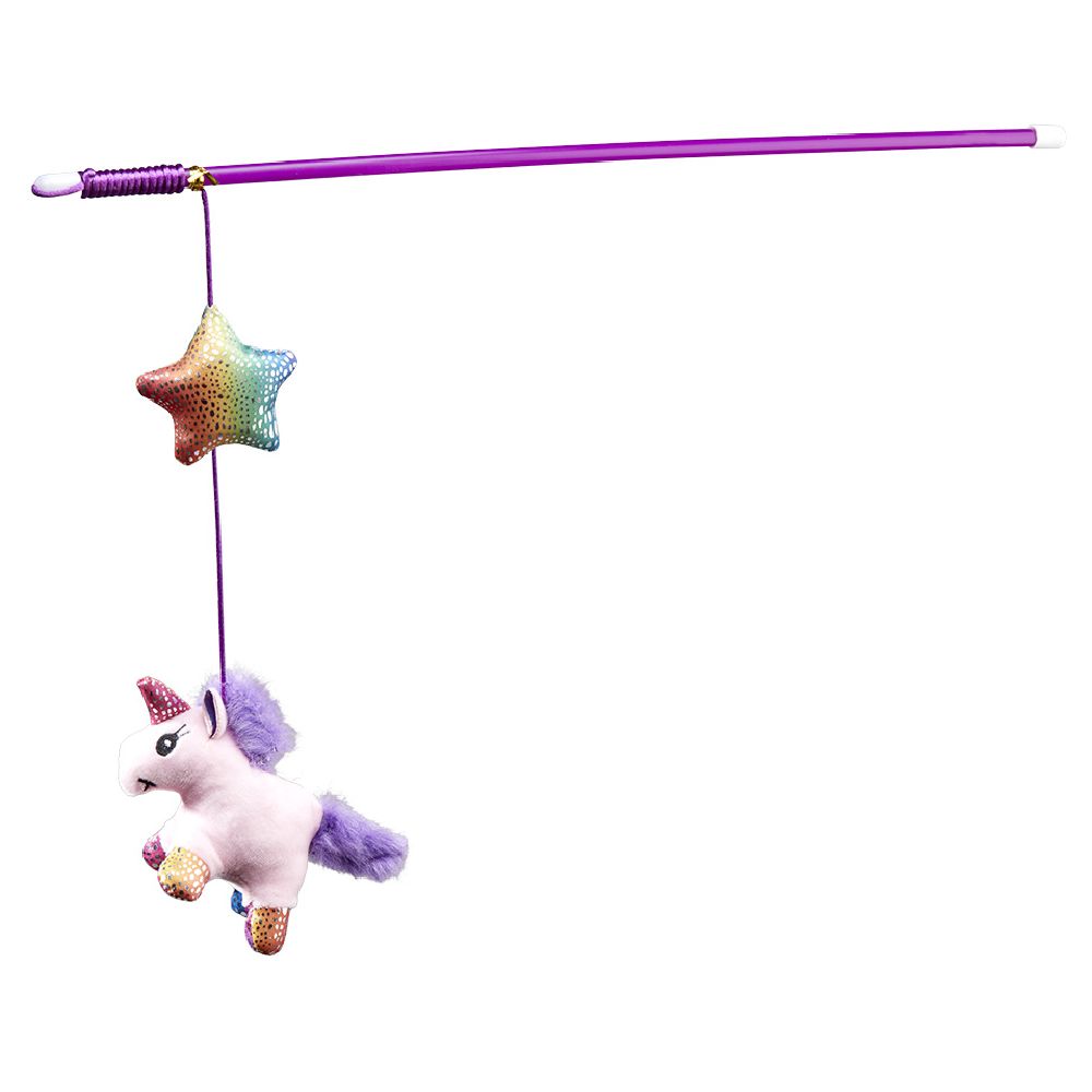 Cat stick toy with hanging unicorn