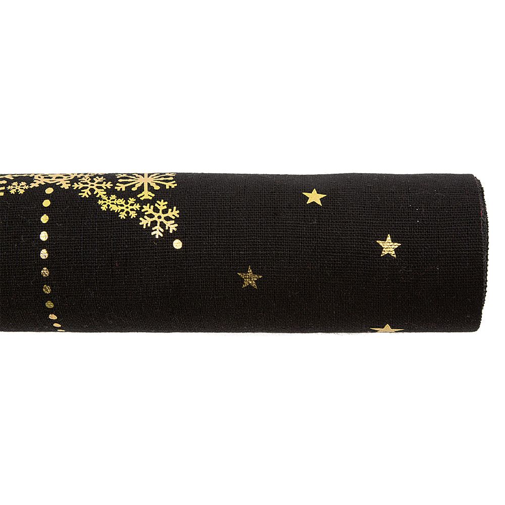 Black fabric table runner with gold snowflake pattern