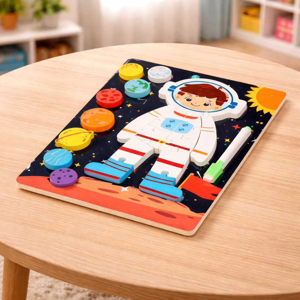 Lodër edukative nga druri në formë puzzle, dizajn astronaut