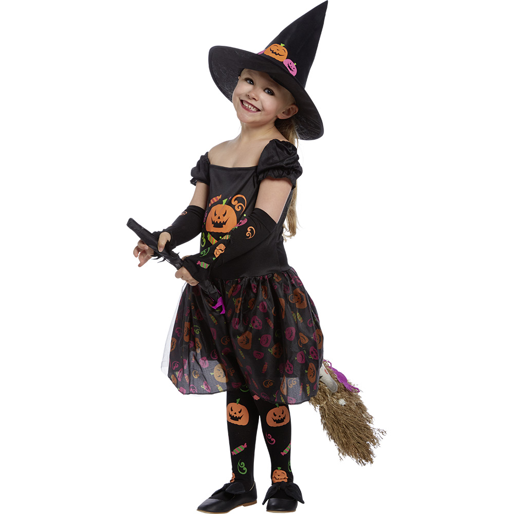 Children's Halloween witch costume, dress, hat, accessories, 3/4 years old