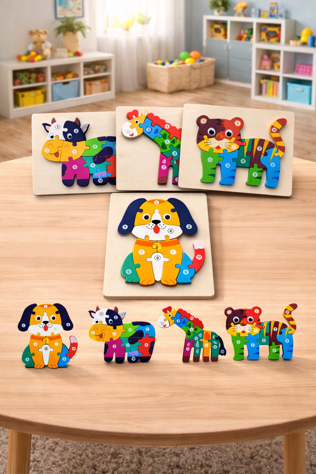 Lodër edukative nga druri në formë puzzle, dizajn kafshë