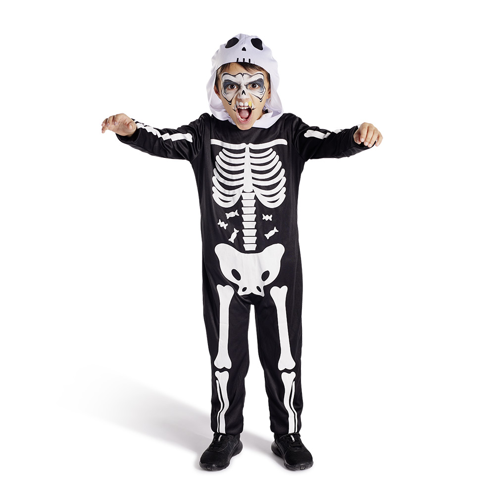 Children's Halloween skeleton costume, jumpsuit and hood, 7/10 years old