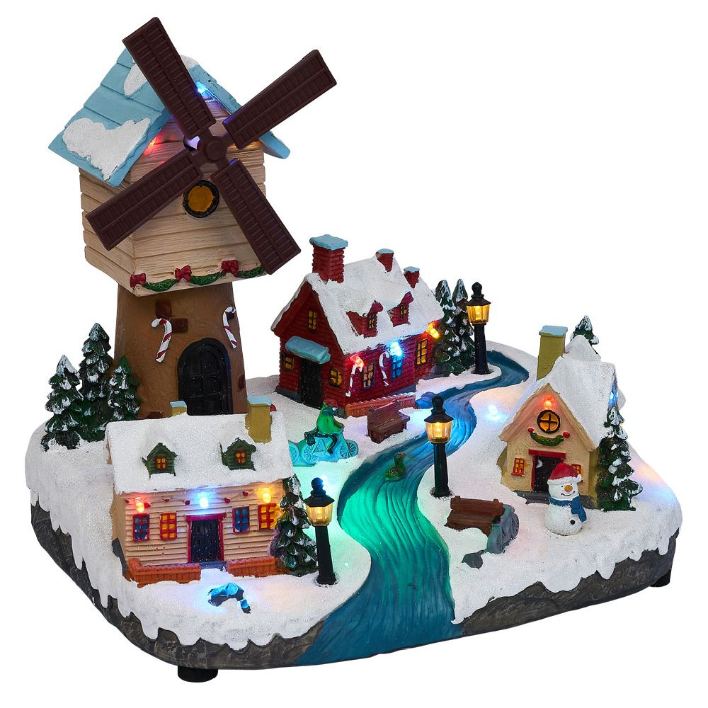 18LED illuminated Christmas village with musical and animated windmill H22cm