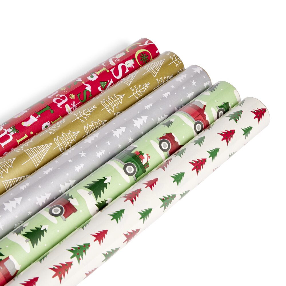 8m patterned Christmas wrapping paper roll - 6 designs