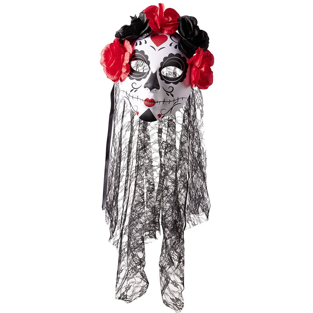 Adult skeleton mask day of the dead calavera red and black flower