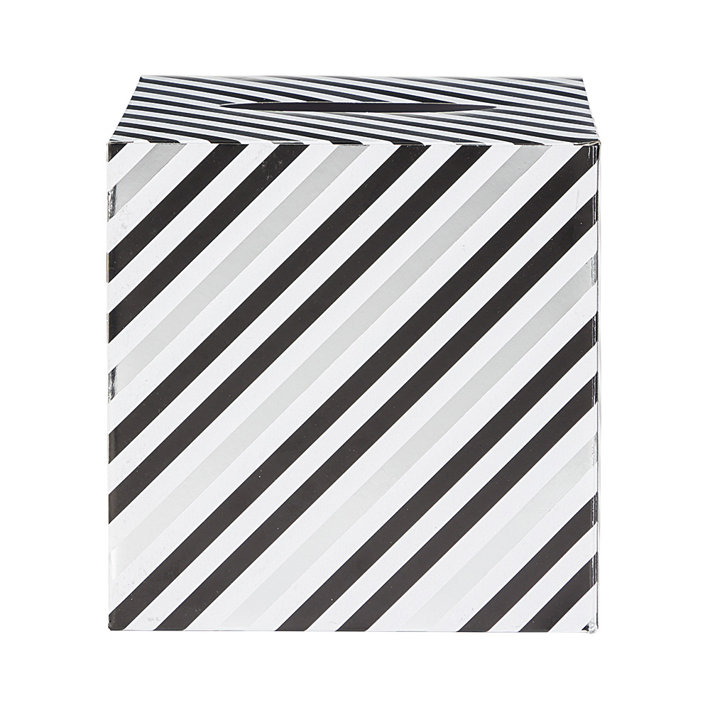 Black and white striped cardboard birthday urn