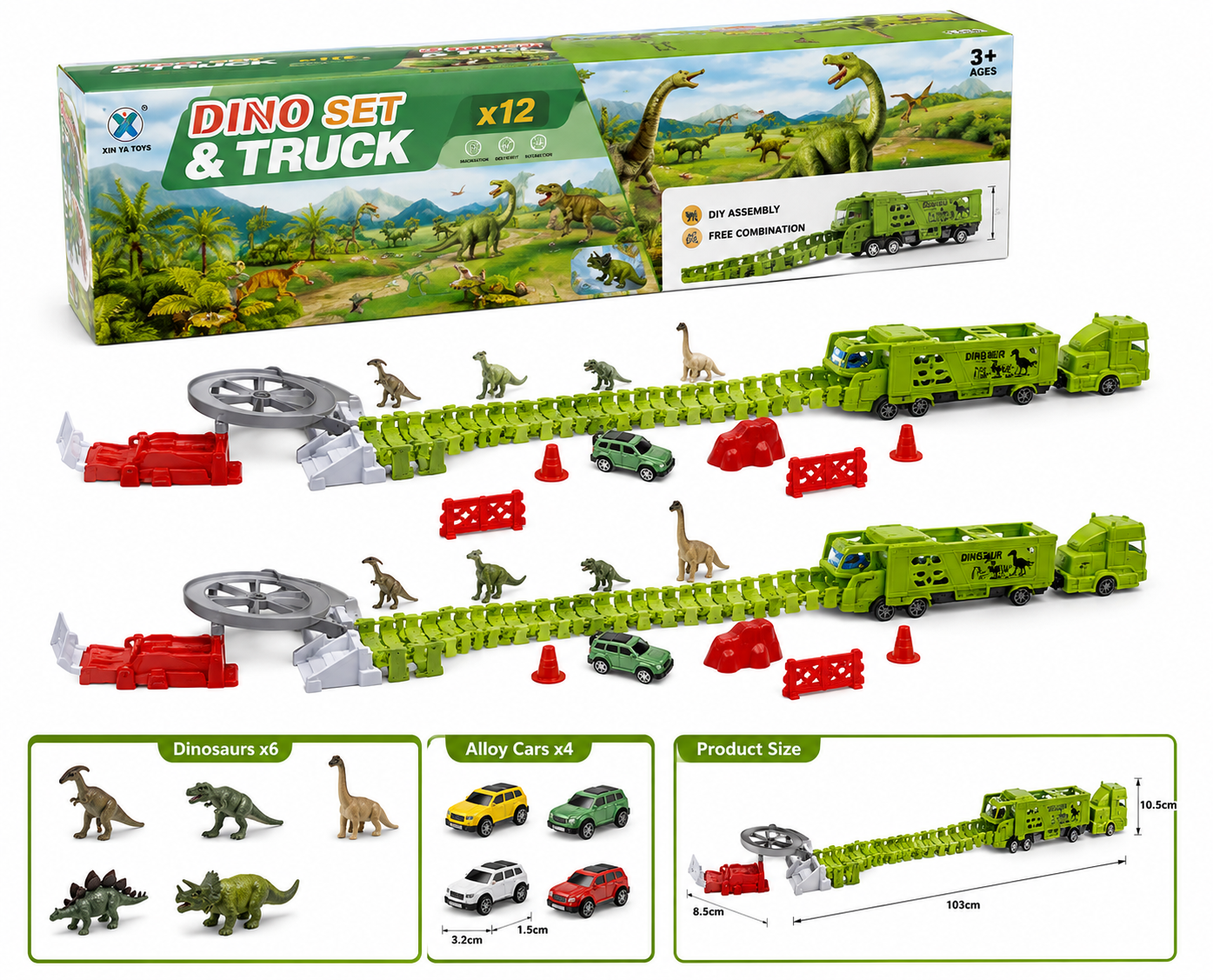 Kamion lodër me dizajn dinosauri me 3 vetura