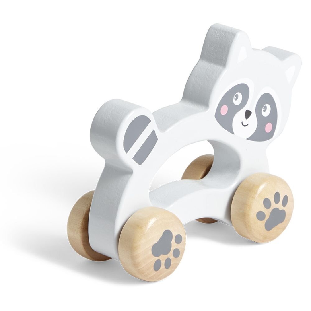 Grey wooden raccoon rolling animal H12cm